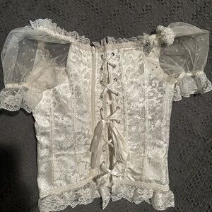 White Lace Corset Top with Sheer Sleeves